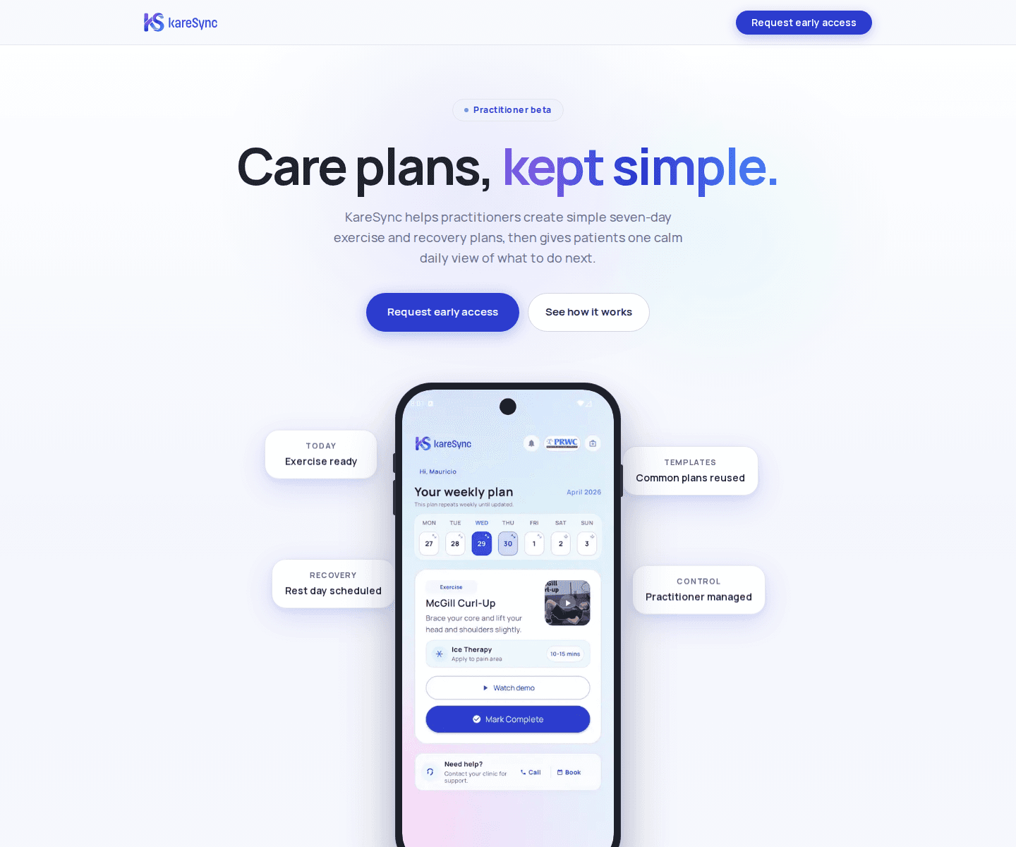 KareSync landing page hero with practitioner beta messaging and weekly care plan preview