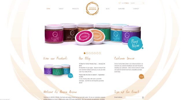 Amora Aroma ecommerce website desktop homepage
