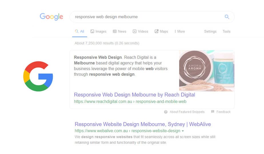 A 2019 Google search results screenshot showing a featured snippet for Responsive Web Design Melbourne by Reach Digital