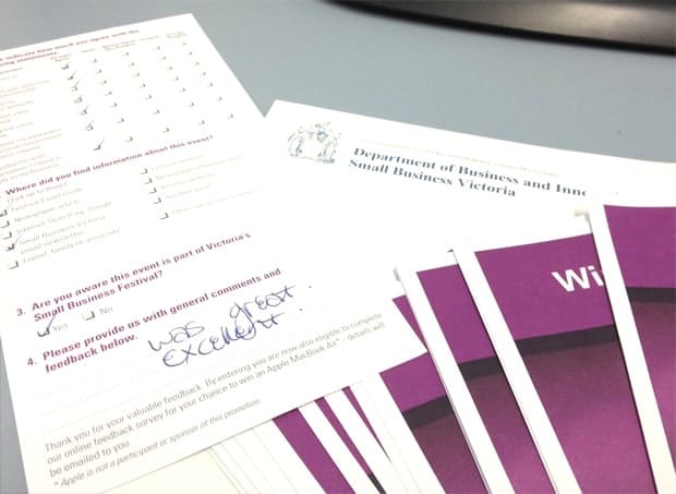 Completed feedback forms from a Small Business Festival workshop session