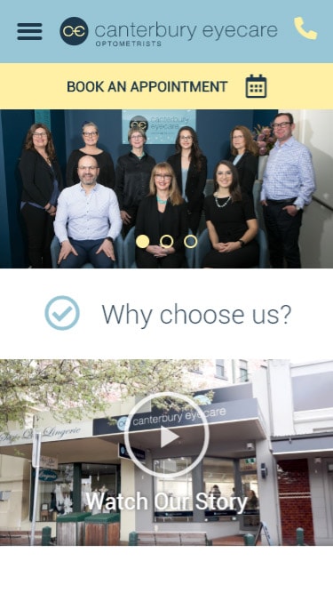 Canterbury Eyecare optometry website mobile view