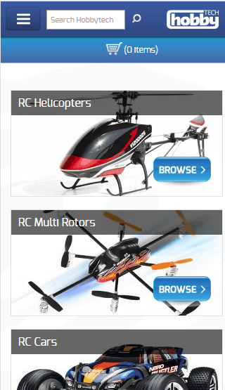 Hobby Tech ecommerce website mobile homepage