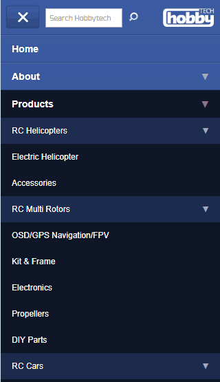 Hobby Tech ecommerce website mobile product categories