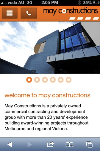 May Constructions website mobile homepage